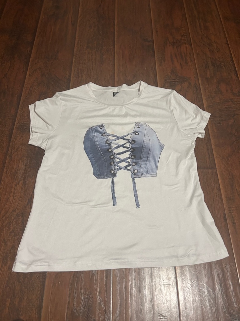 SHEIN White Tee with Denim Corset Print